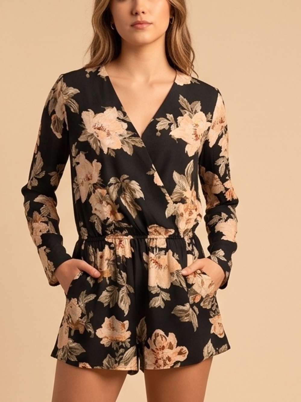Lulu's Black Floral Long-Sleeve Wrap Romper with Cream Blossoms Fall Style Fun